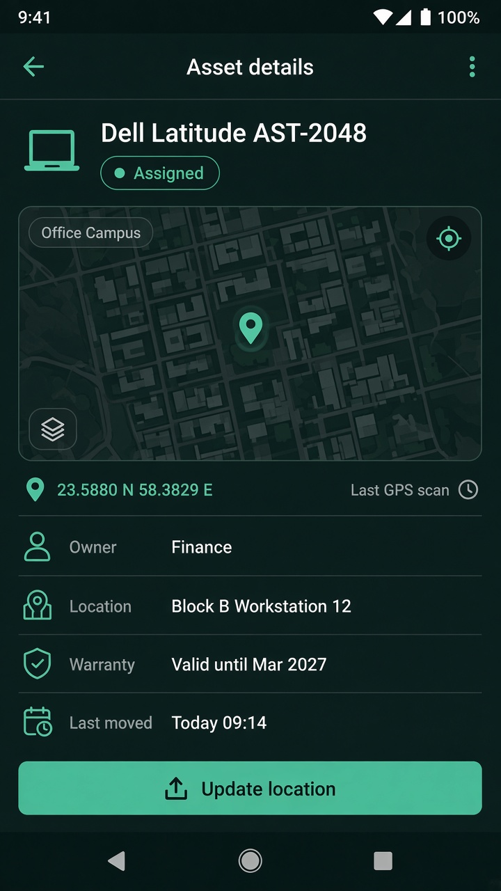 Asset Tracker Android app showing Dell Latitude details, GPS map, owner, and warranty